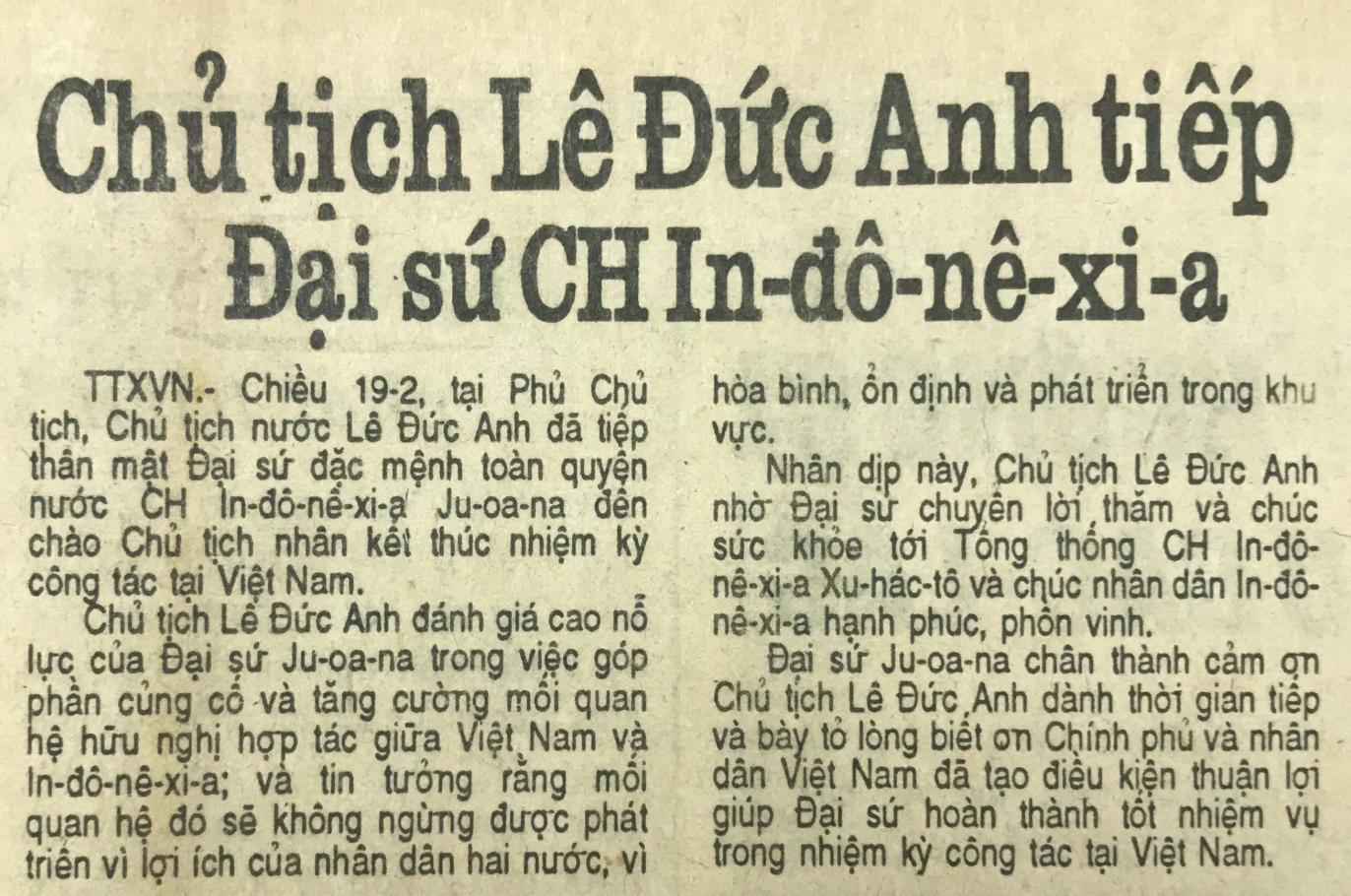 Chủ tịch Lê Đức Anh tiếp Đại sứ CH In-đô-nê-xi-a