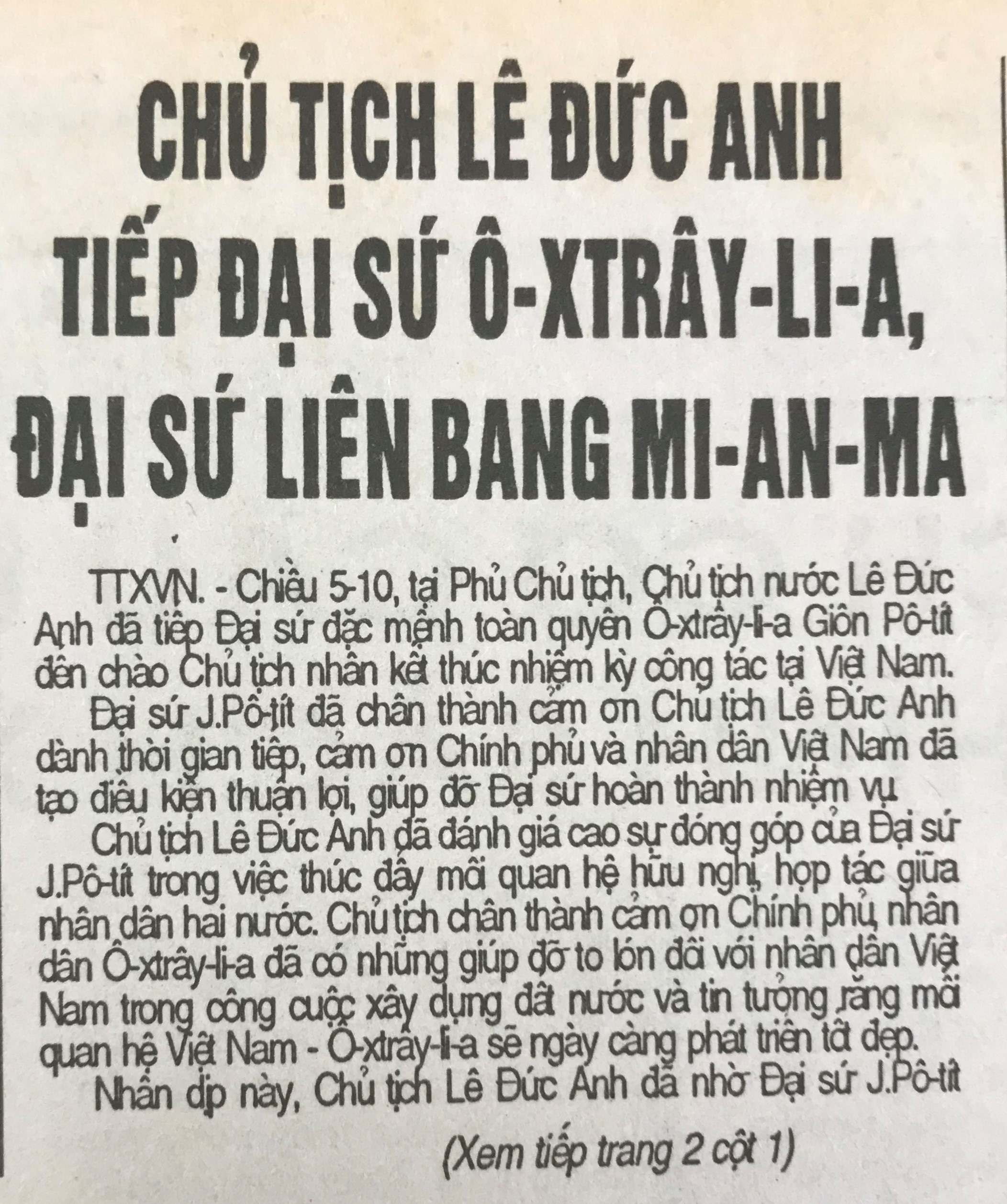 Chủ tịch Lê Đức Anh tiếp Đại sứ Ô-xtrây-li-a, Đại sứ Liên bang Mi-an-ma