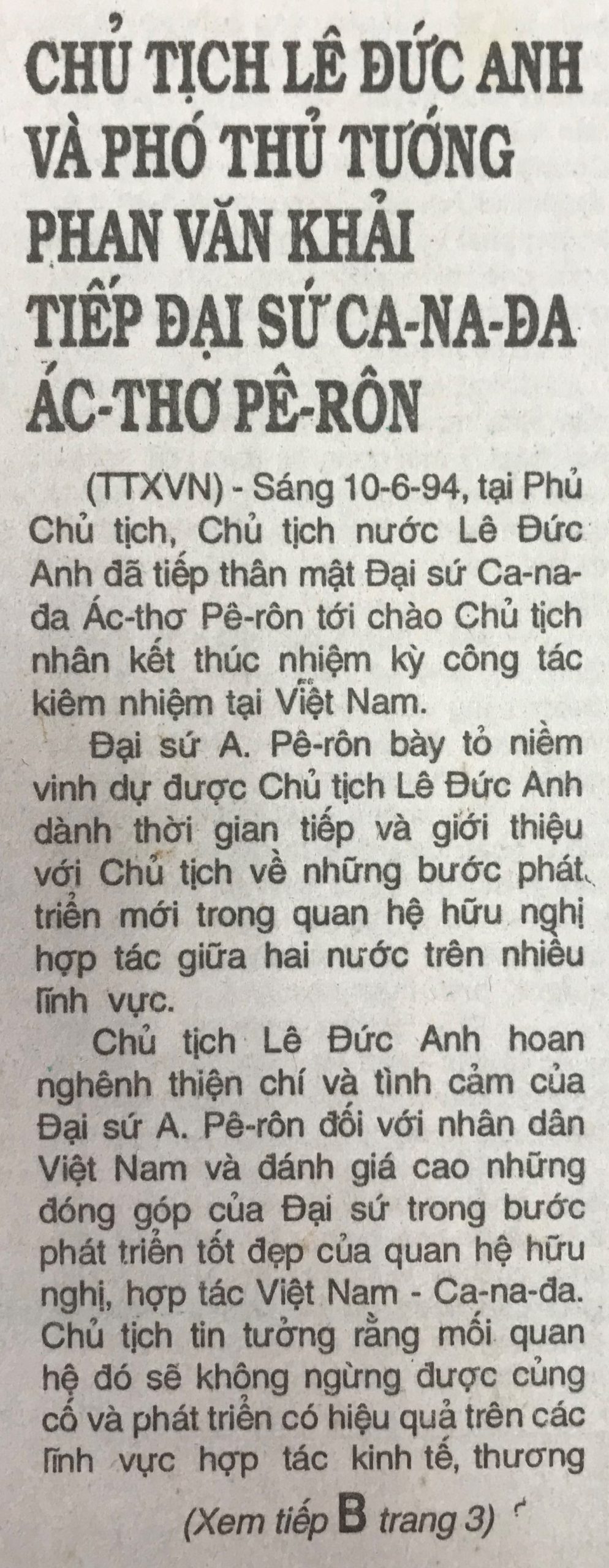 Chủ tịch Lê Đức Anh và Phó Thủ tướng Phan Văn Khải tiếp Đại sứ Ca-na-đa Ác-thơ Pê-rôn